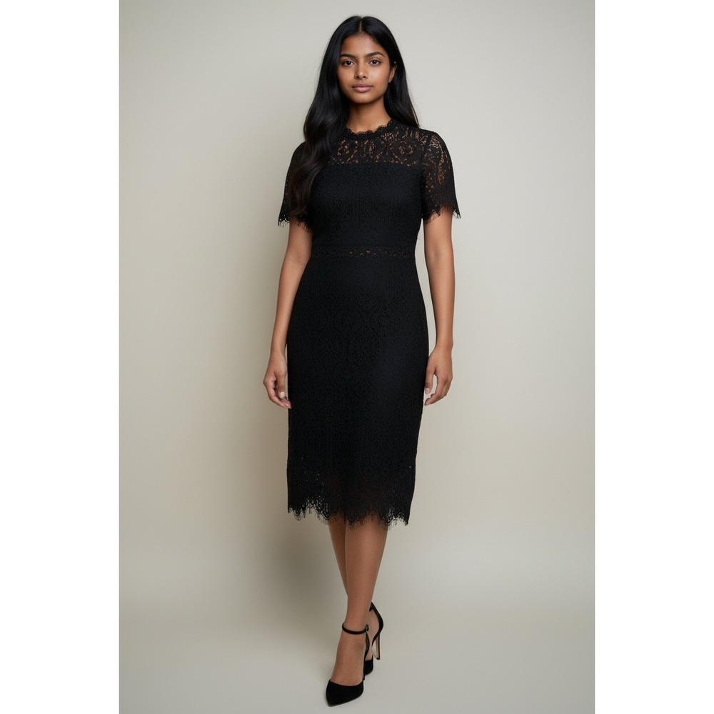 SHEIN Dress Womens Large Black EUC Lace Sheath Midi Mock Neck SS Cocktail LBD
